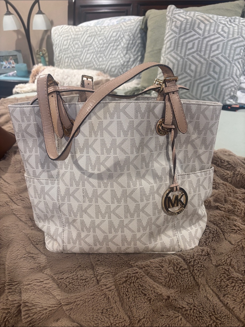 Michael Kors Ivory MK Signature Tote with Blush-Tan Trim